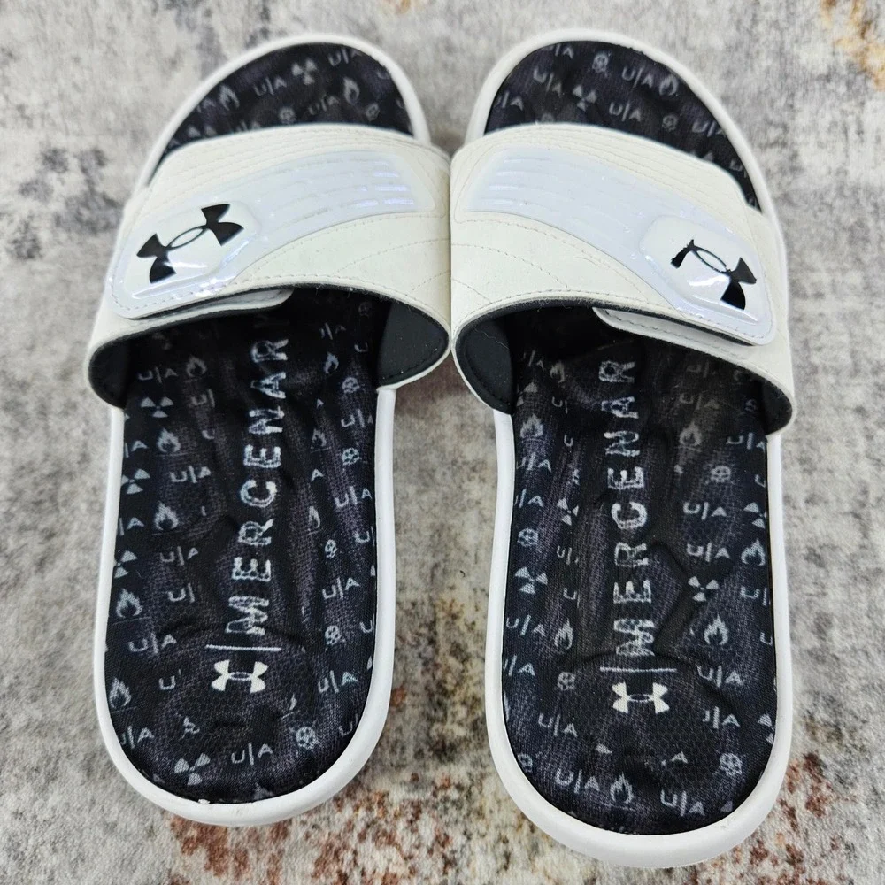 Under‎ Armour Mercenary Ignite Slides Sandals Youth 5 White Black 3022712 Beach